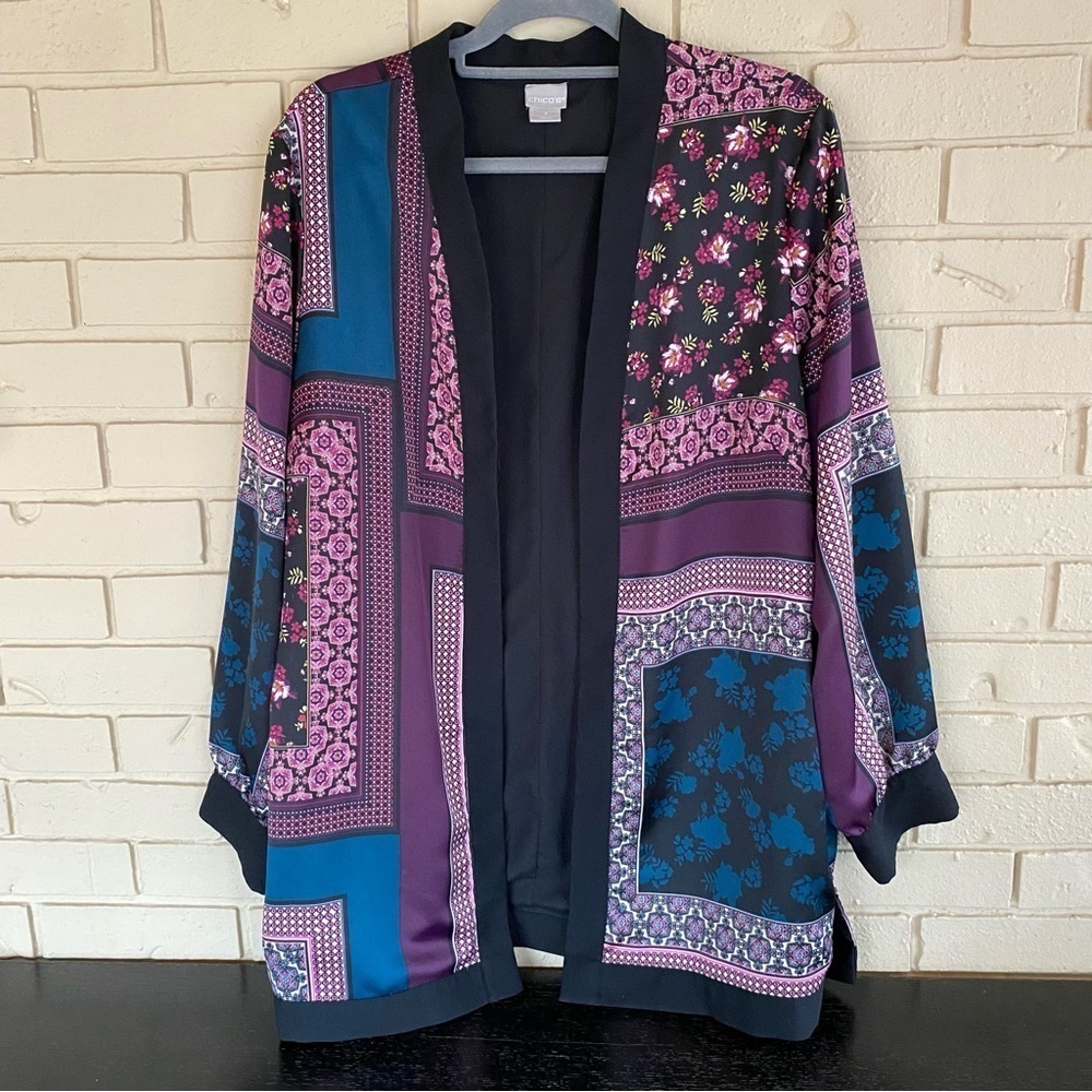 Chicos Size 3 16/18 Open Front Jacket Topper Scarf Print Longline Silky Satin